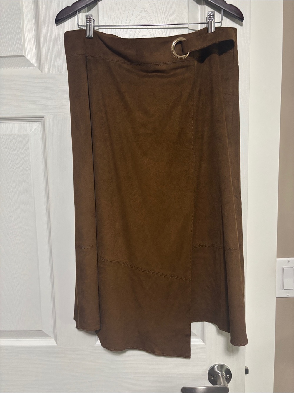 Brown A-Line Midi Skirt (12) with D-Ring Waist Accent and Jacket (14)